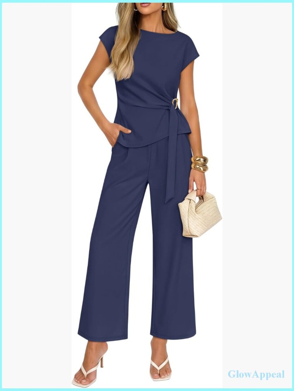 Casual Short Sleeve Knit Belted 2 Piece Set Wide Leg Pants Outfit